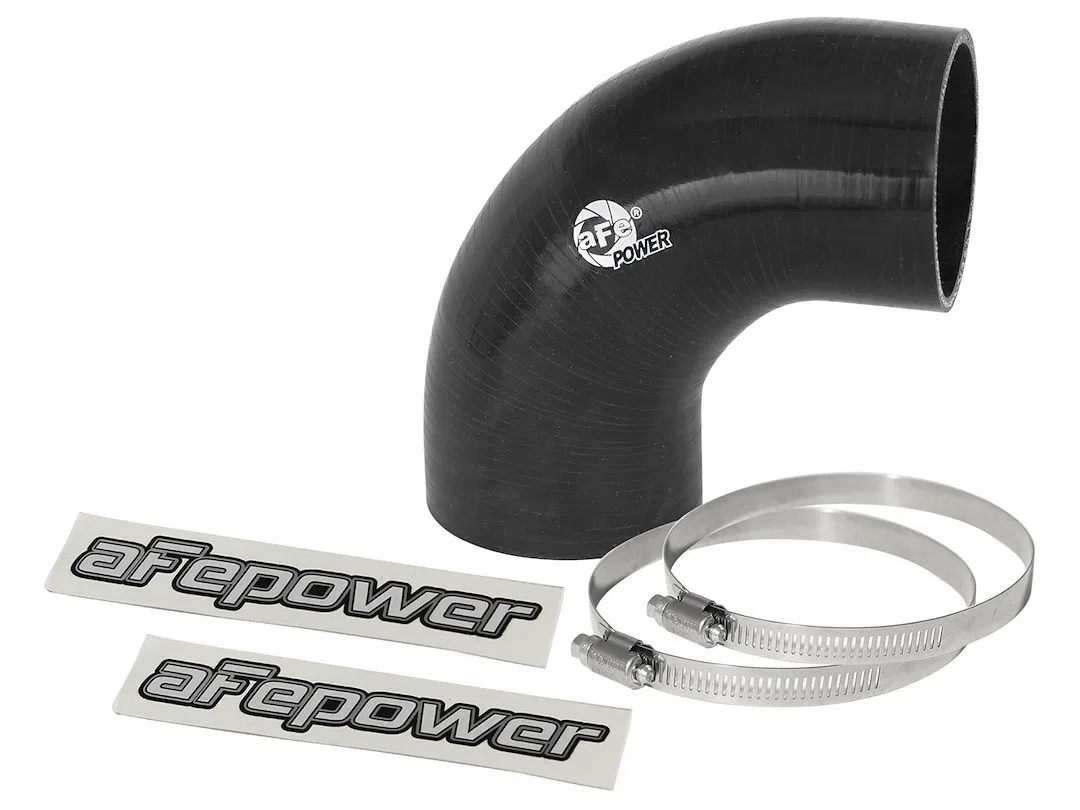 59-00059 – AFE Air Intake Hose Coupler, 90 Degree Bend 2-3/4 Inch Inside Diameter Black Silicone With 2 Worm Gear Cla...